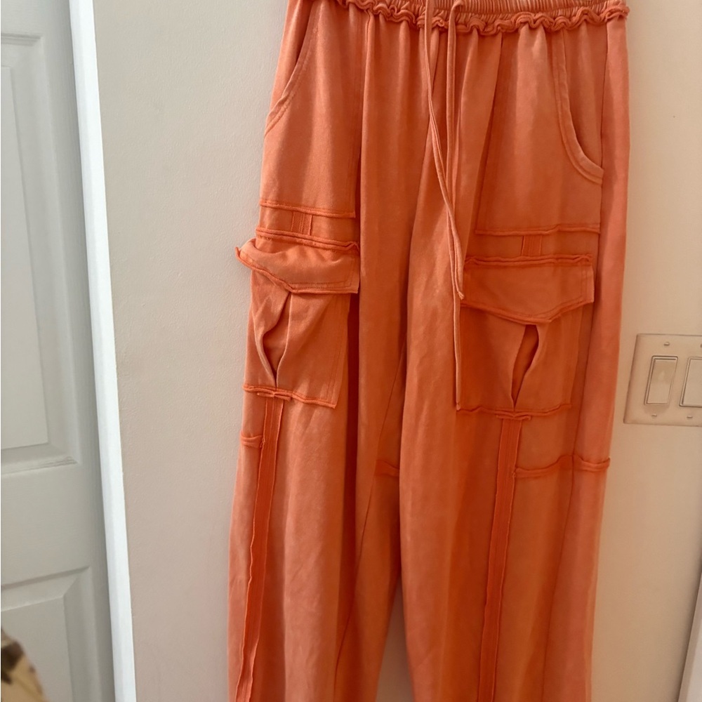 SHEIN Coral Orange Wide-Leg Cargo Jumpsuit Pants